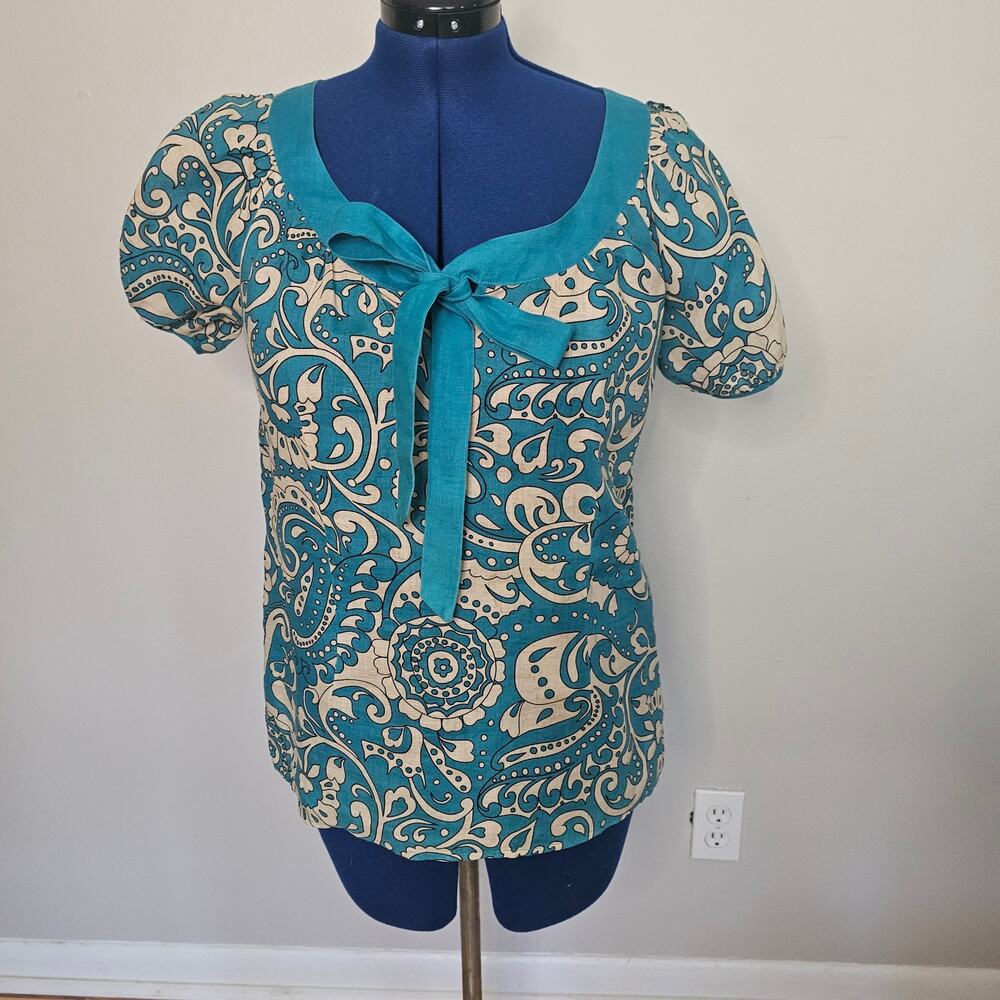 Lilly Stanhope Linen Paisley Top Teal Blue Tie Neck Short Sleeve Size L